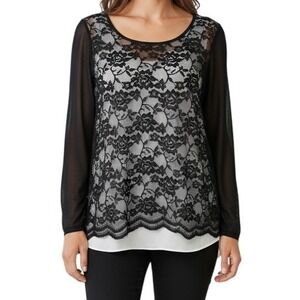 THE LIMITED Black Scalloped Lace Over Ivory Semi Sheer Sleeves Top EUC Size M‎